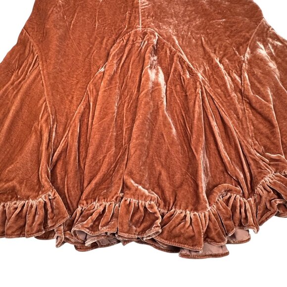 ANTHROPOLOGIE ODILLE Crushed Velvet Skirt Sz 2 Ruffle Hem Rusty Orange Boho Y2K - Picture 12 of 13